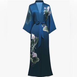 GORGEOUS- Long Kimono Robe-Satin Sleepwear- Watercolor Silky Bathrobe